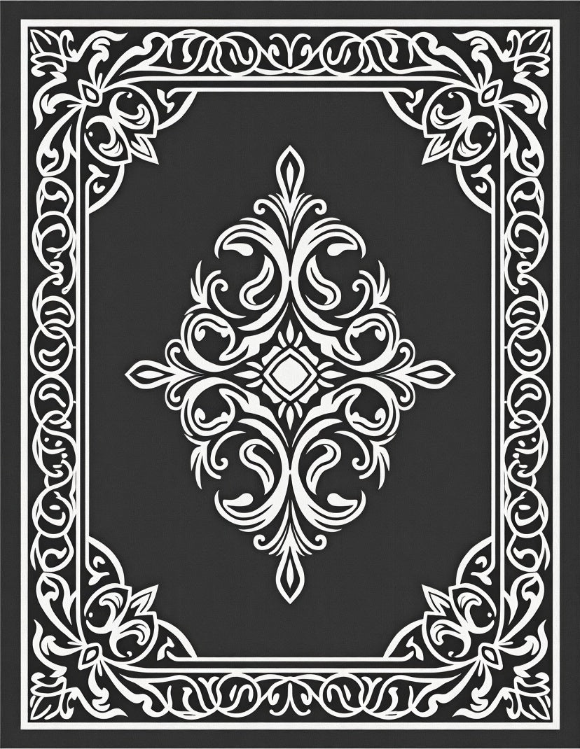 Ornate Black White Scroll Pattern Rug