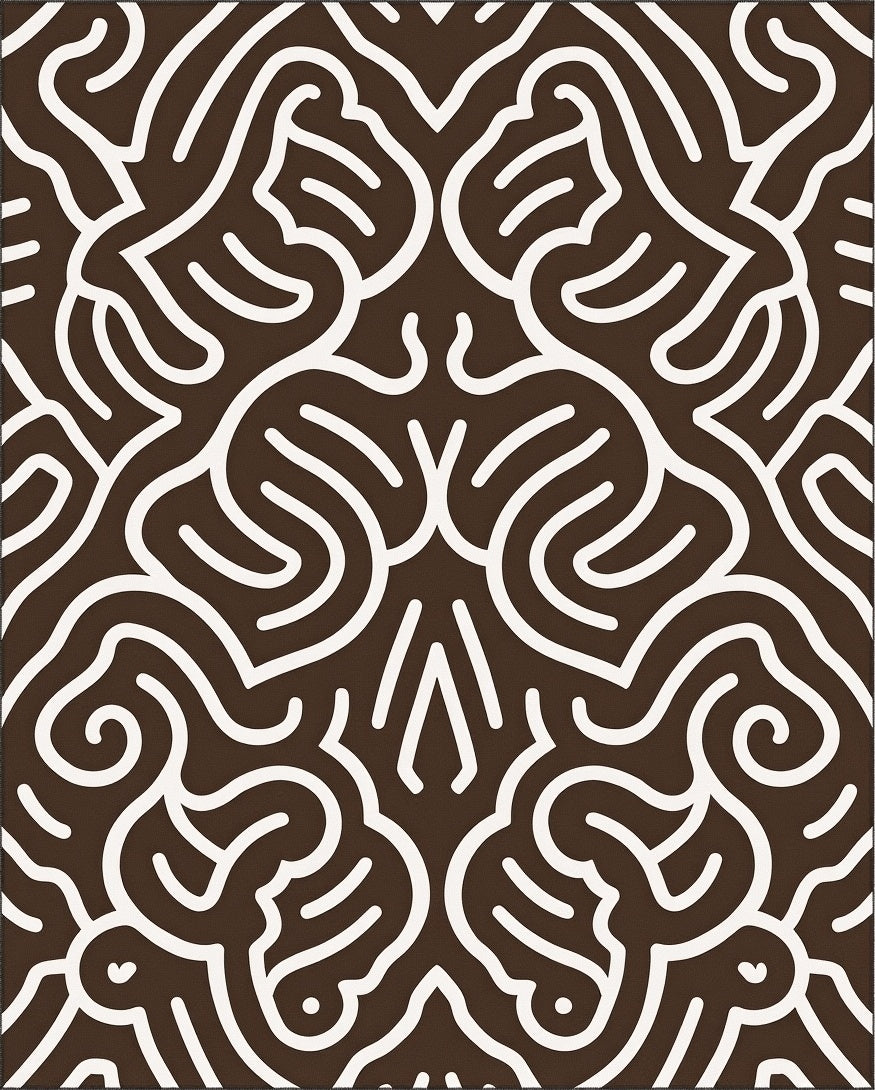 Brown White Continuous Line Art Rug
