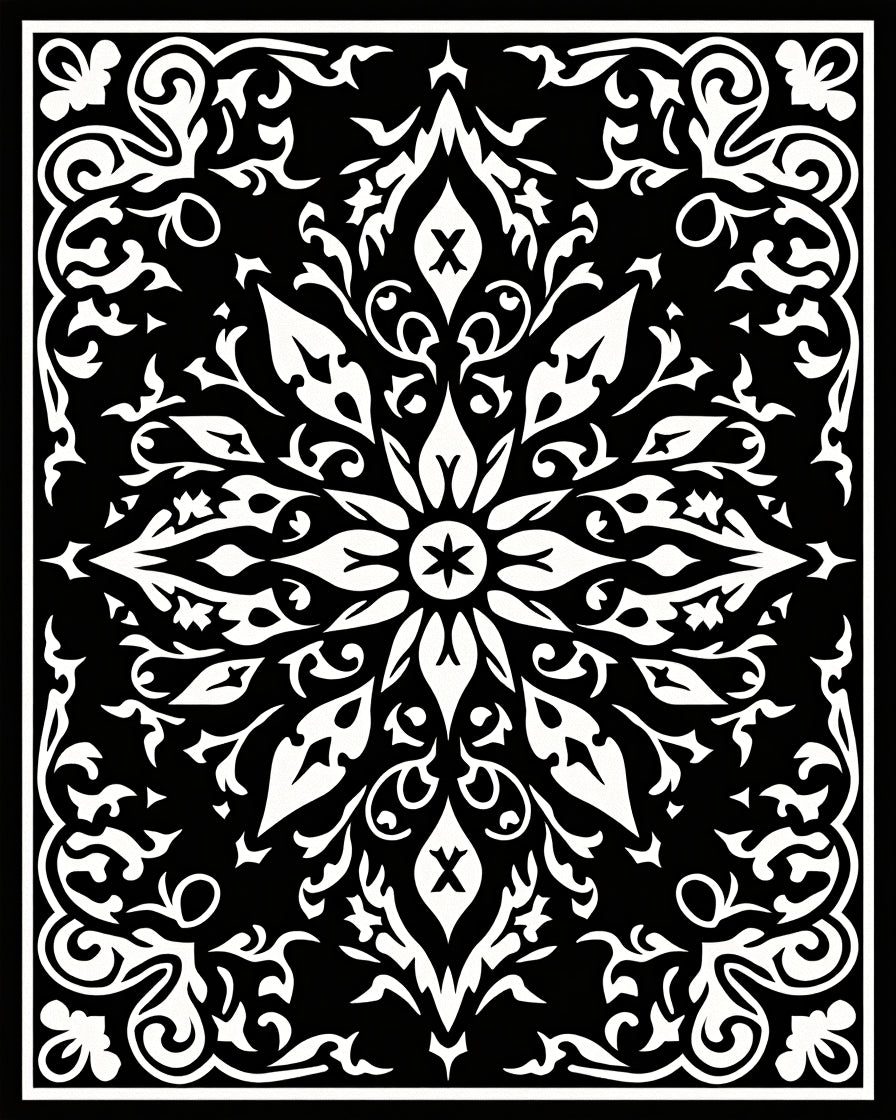 Intricate Black White Floral Medallion Rug