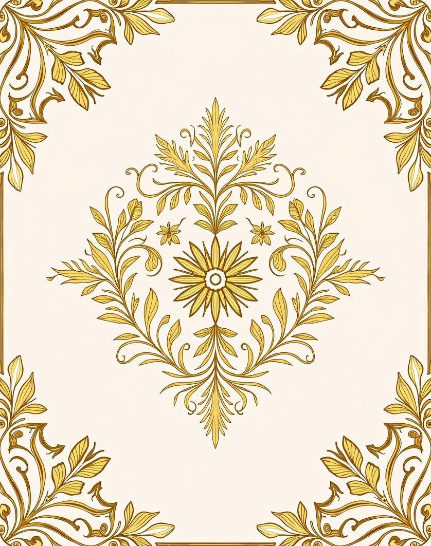 Ornate Golden Floral Vine Pattern Rug