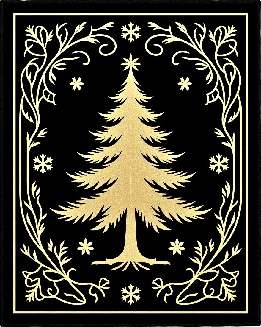Black Gold Christmas Tree Snowflakes Border Rug