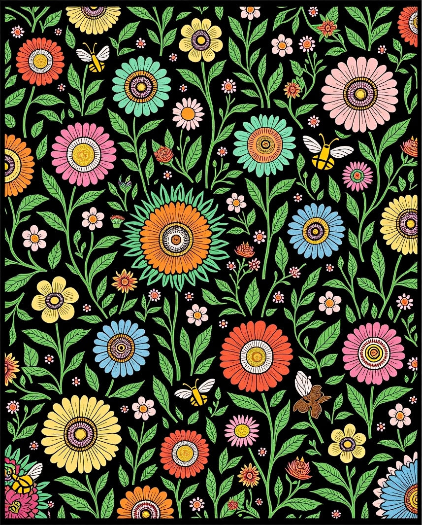 Whimsical Floral Bee Garden Pattern Rug