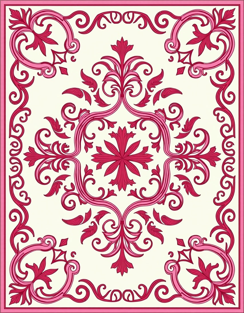 Ornate Pink Floral Scroll Rug