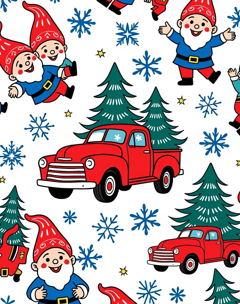 Red Trucks Gnomes Blue Snowflakes Trees Rug