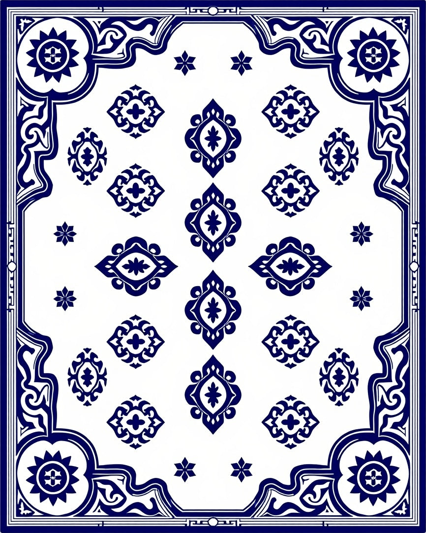Traditional Blue White Intricate Pattern Rug