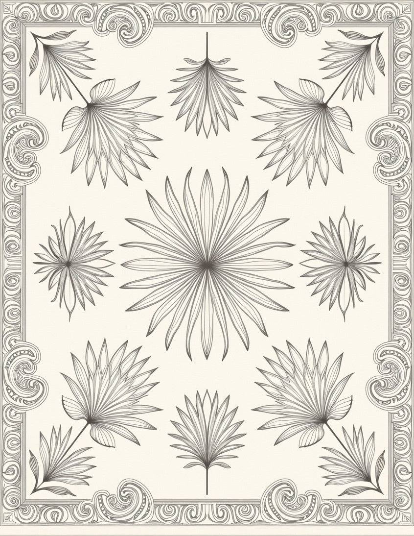 Palm Frond Botanical Scrollwork Rug