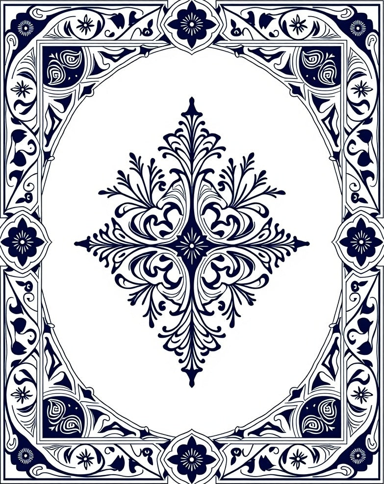 Deep Blue Classic Botanical Frame Design Rug