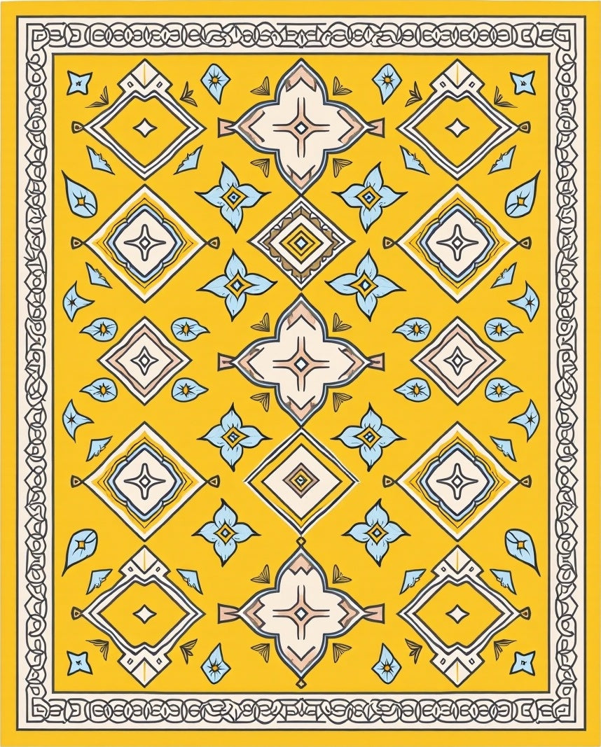 Golden Yellow Geometric Floral Medallion Rug