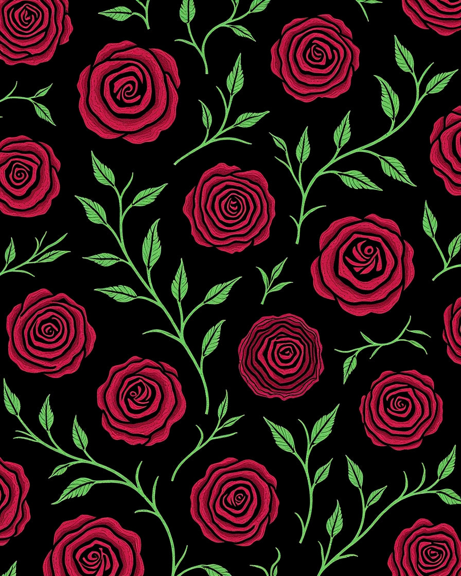 Deep Red Roses With Green Branches Pattern Rug