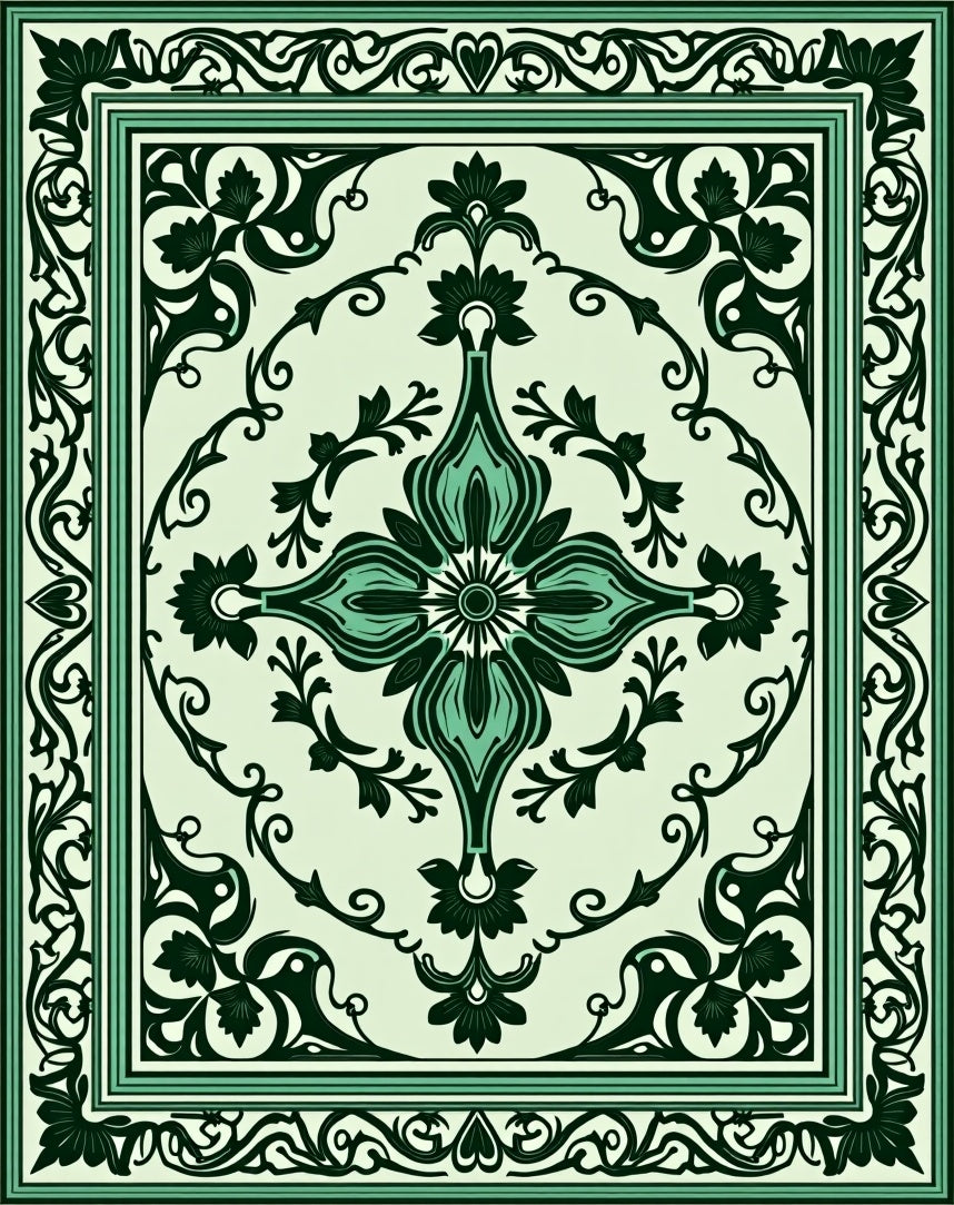 Classic Floral Scrollwork Green Rug
