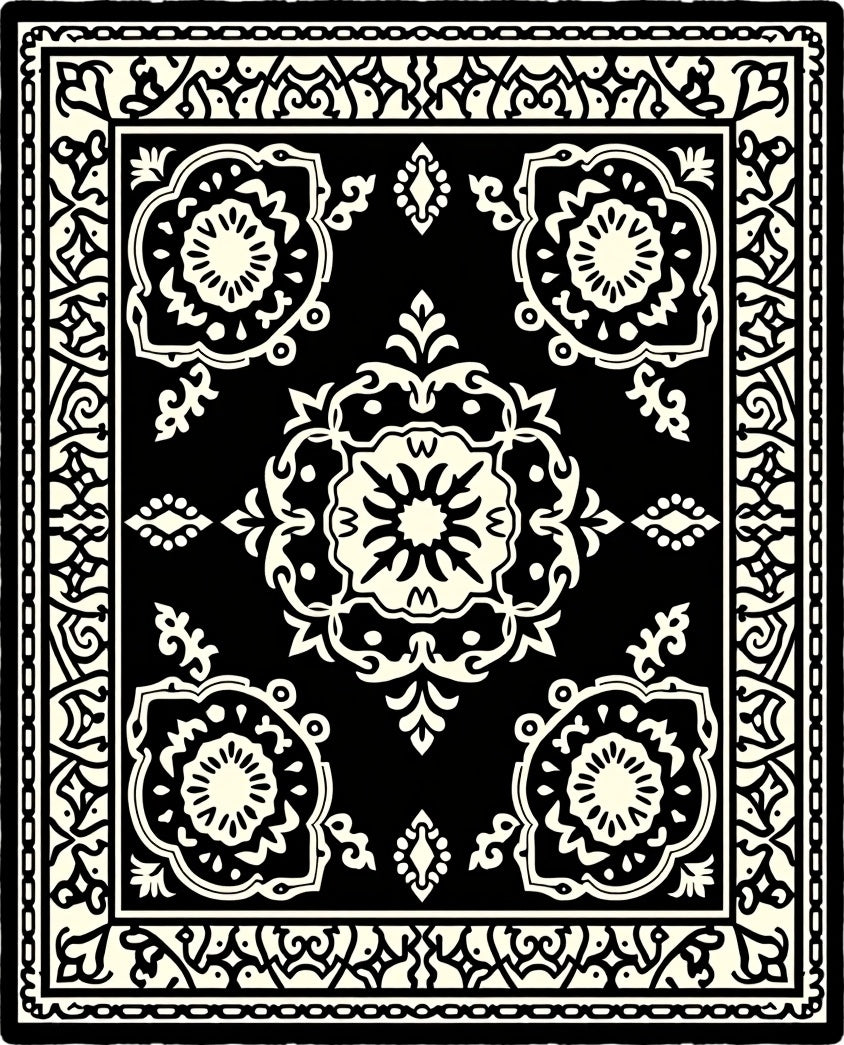 Classic Black Cream Floral Medallion Rug