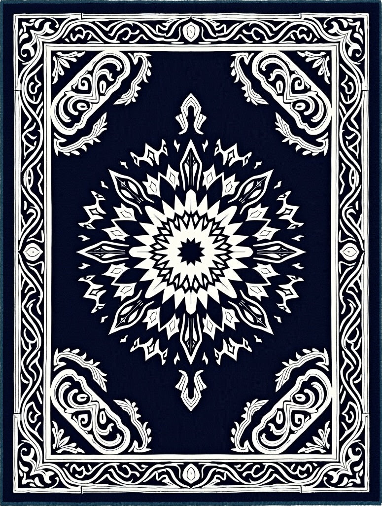 Dark Blue Ornamental Starburst Traditional Rug