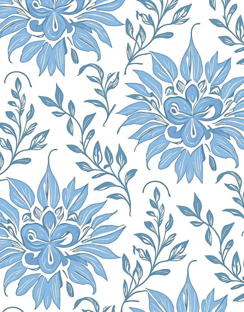 Blue Floral Leaf Pattern Rug