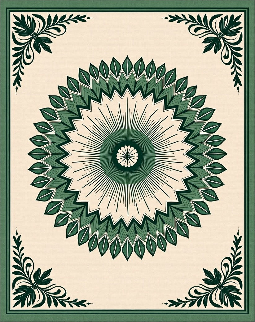 Green Symmetrical Floral Mandala Design Rug