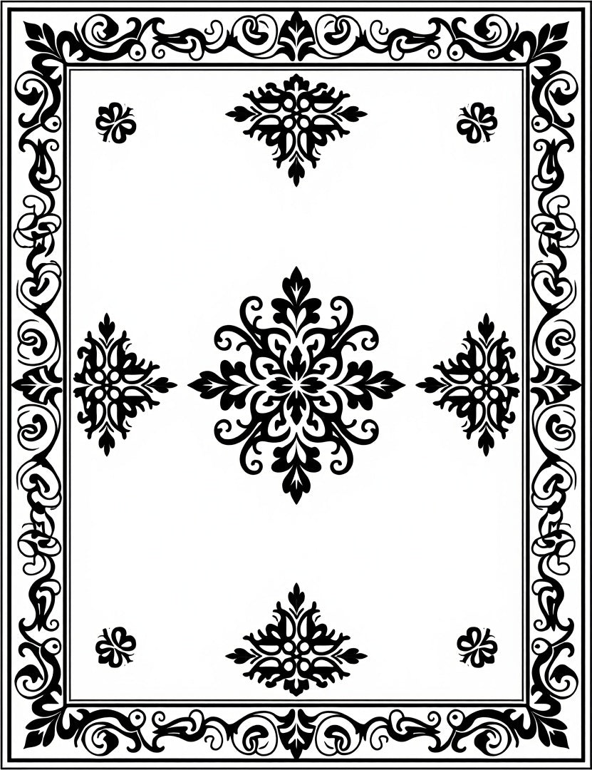 Intricate Black Floral Scroll Pattern Rug