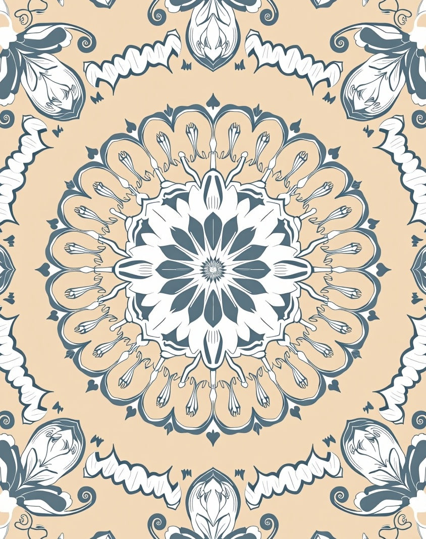 Mandala Floral Patterned Beige Rug