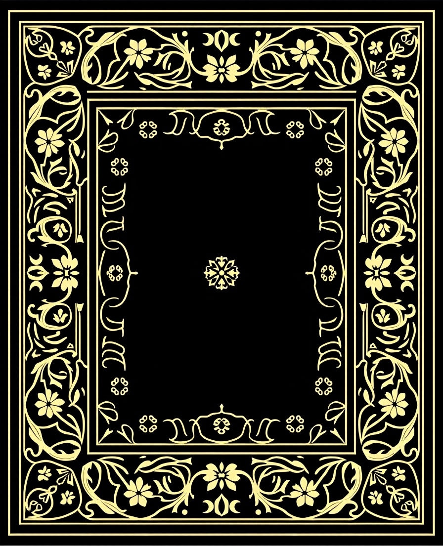 Elaborate Floral Scrollwork Black Gold Rug