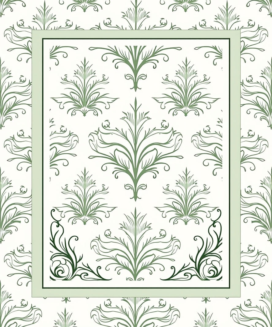 Green Damask Floral Patterned Rug