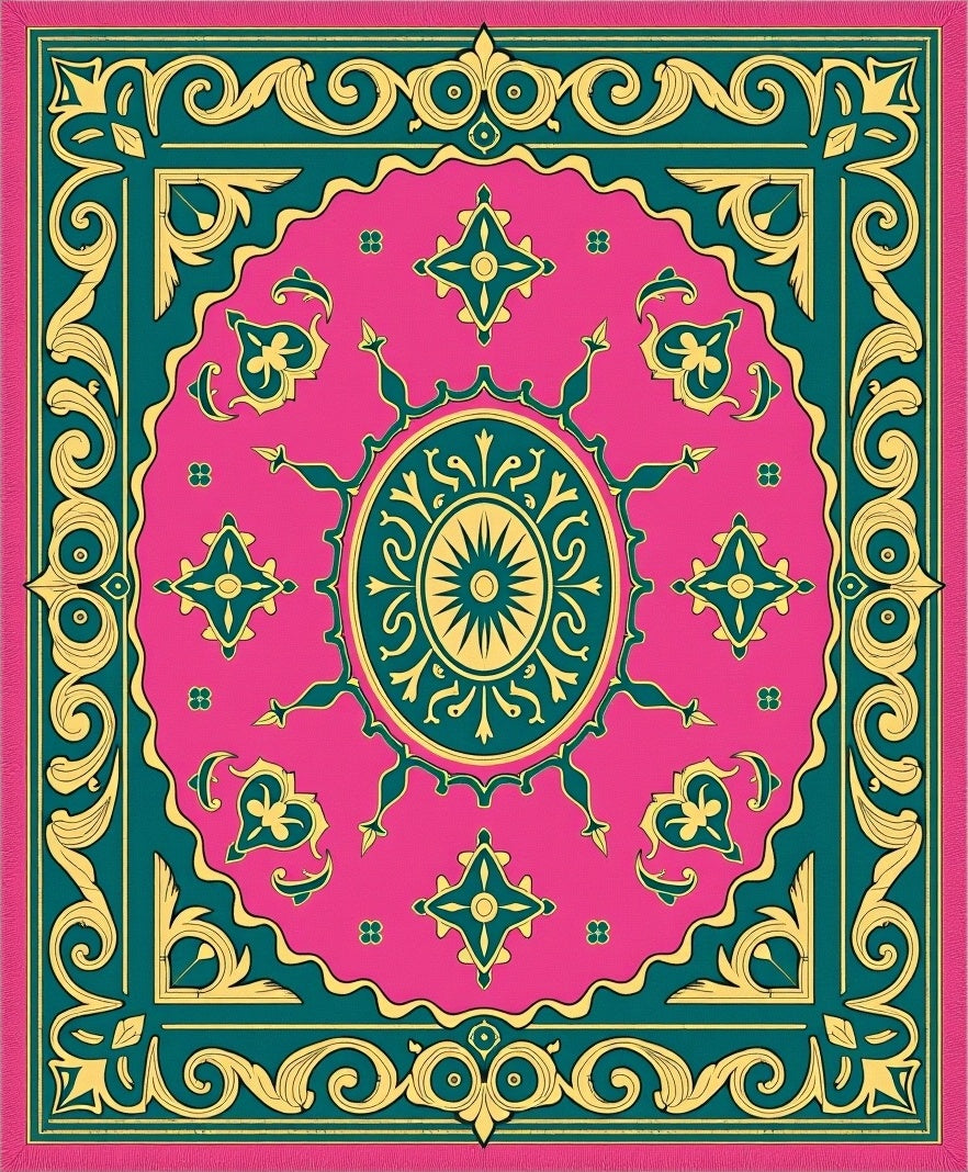 Vibrant Teal Gold Medallion Pattern Rug