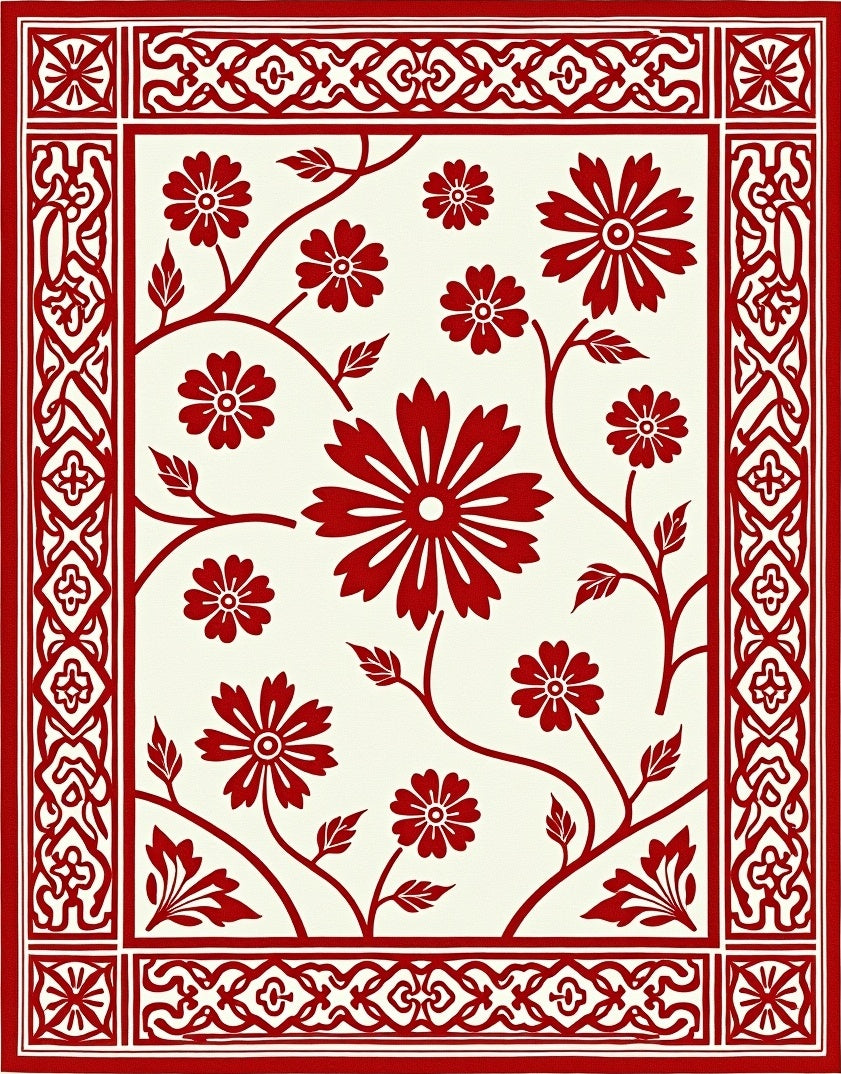 Classic Red Floral Border Design Rug