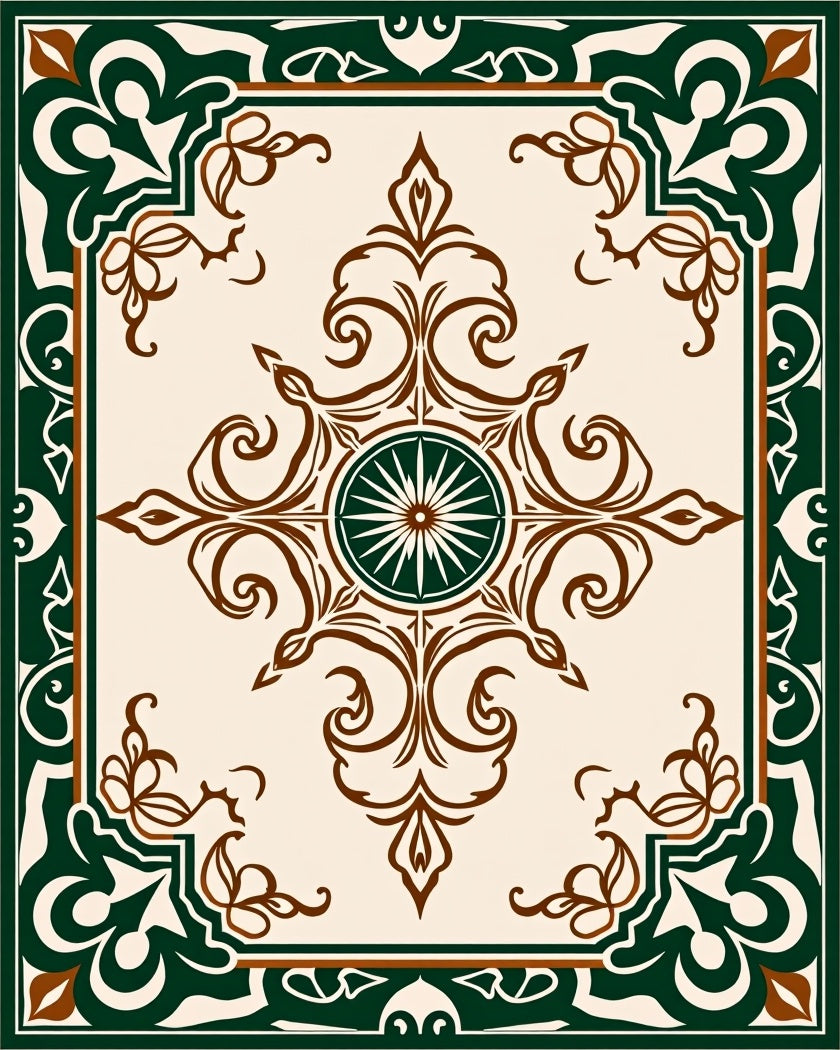 Elegant Brown Green Floral Medallion Rug