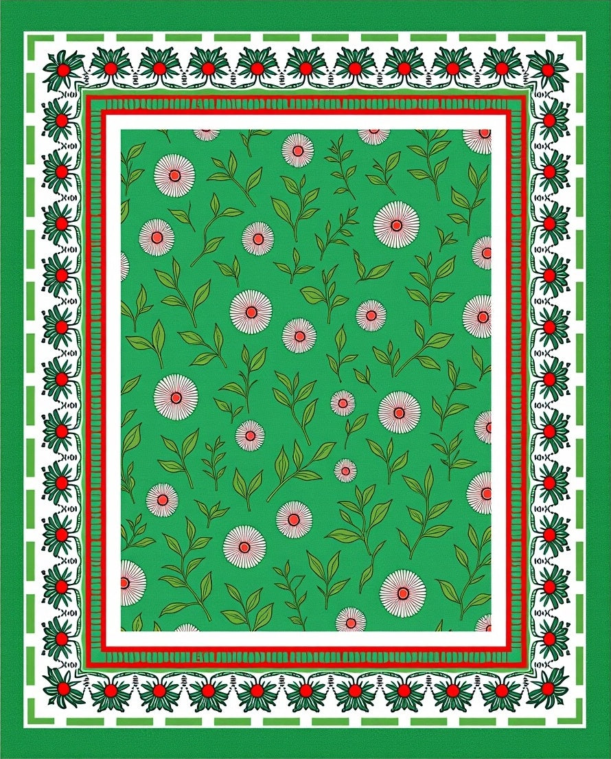 Green Floral Leaf Pattern Rug