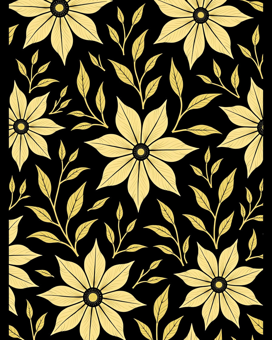 Golden Floral Vines on Black Background Rug