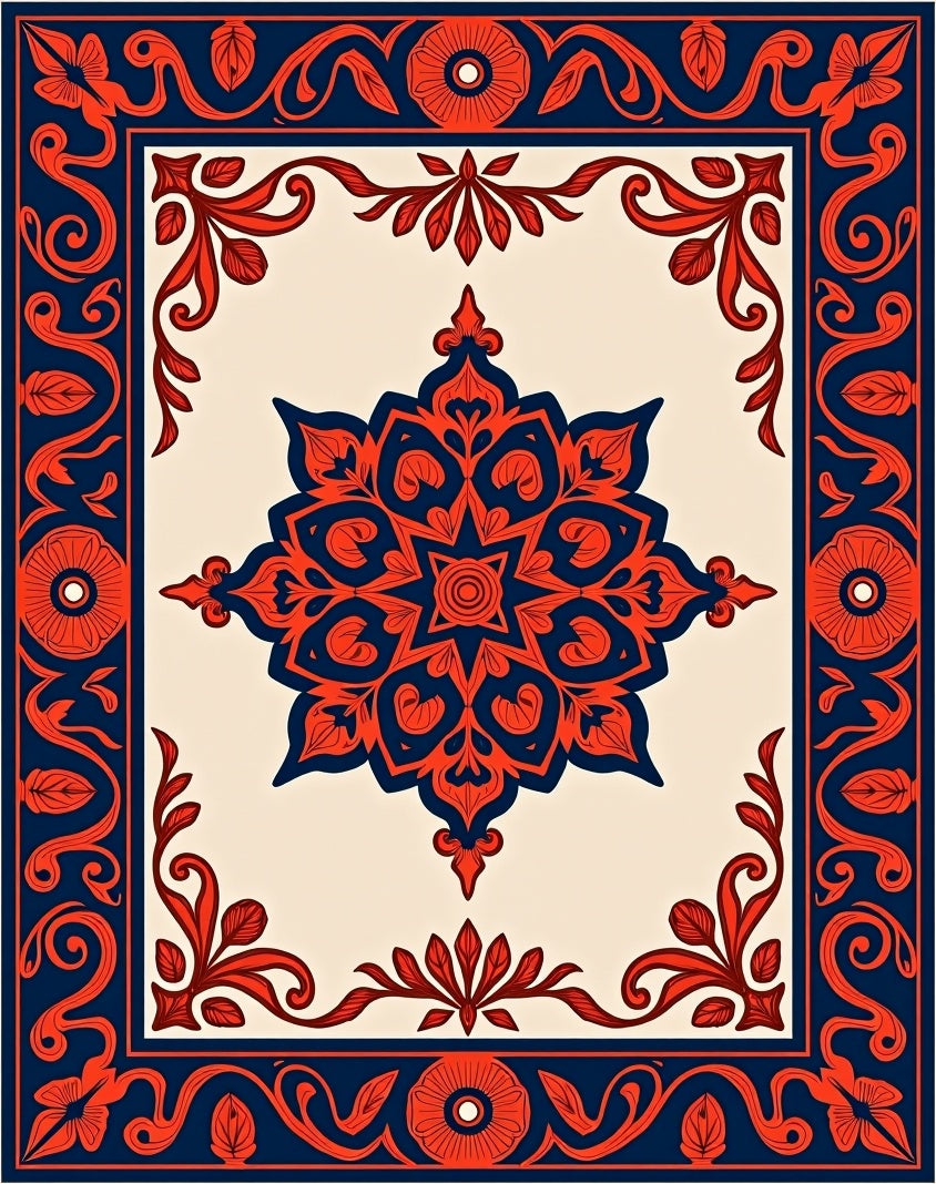 Ornate Red Flower And Swirl Pattern Rug
