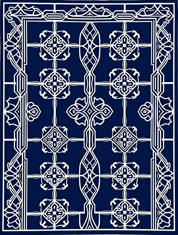 Intricate Lattice Patterned Navy Rug