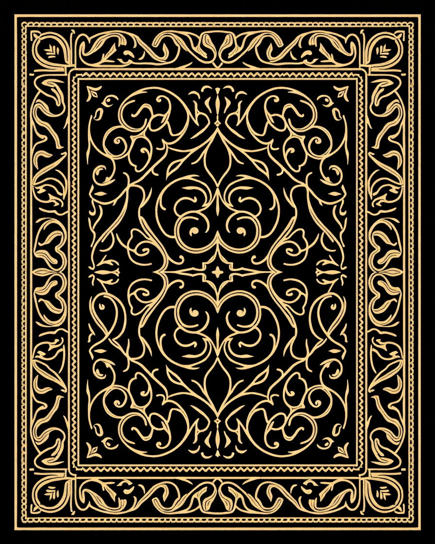 Ornate Golden Black Floral Pattern Rug