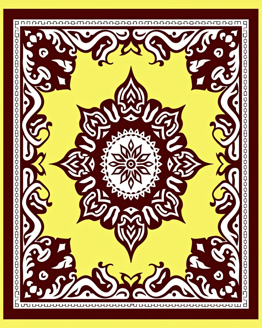 Ornate Yellow Burgundy Mandala Pattern Rug