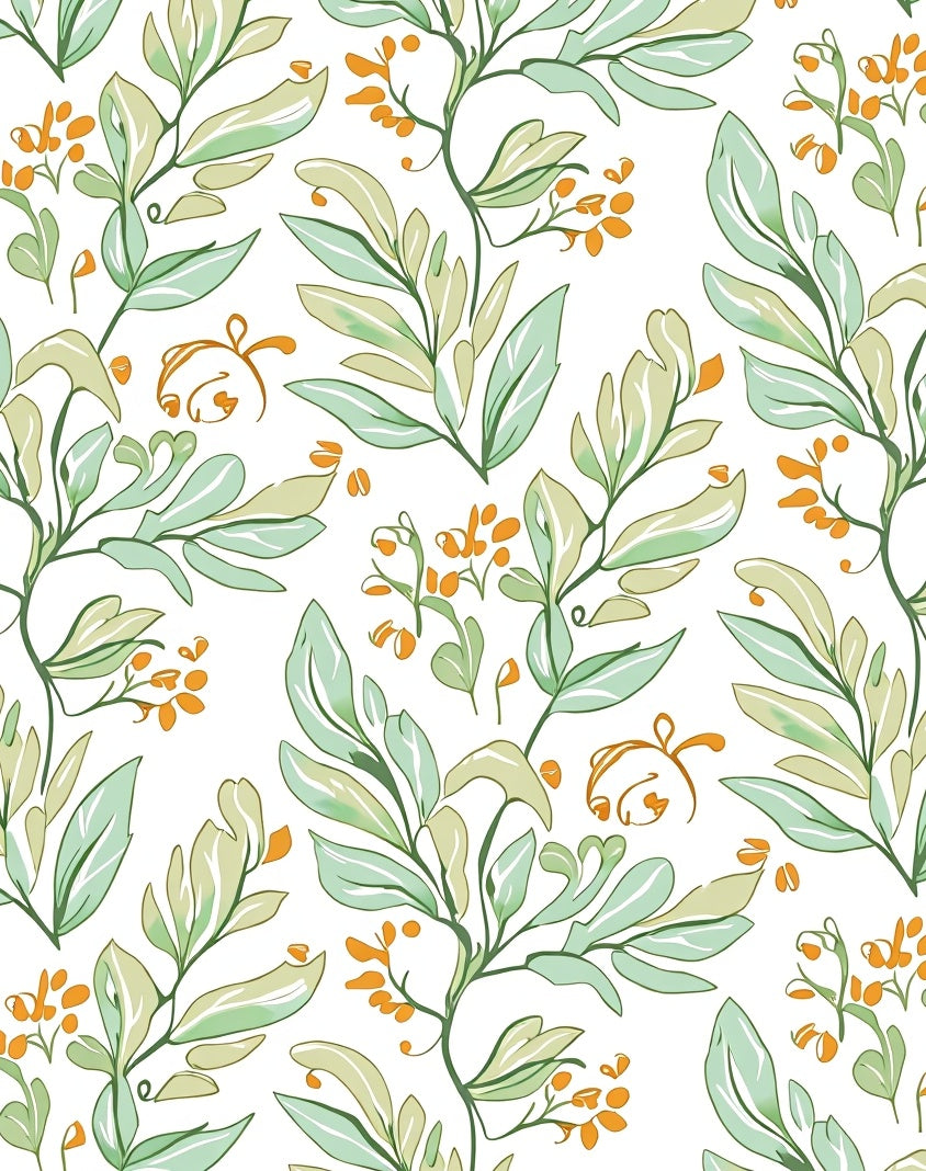 Whimsical Botanical Vine Green Orange Pattern Rug