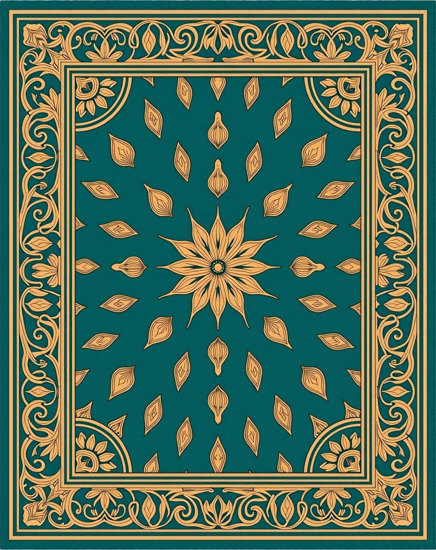 Golden Floral Border Teal Design Rug