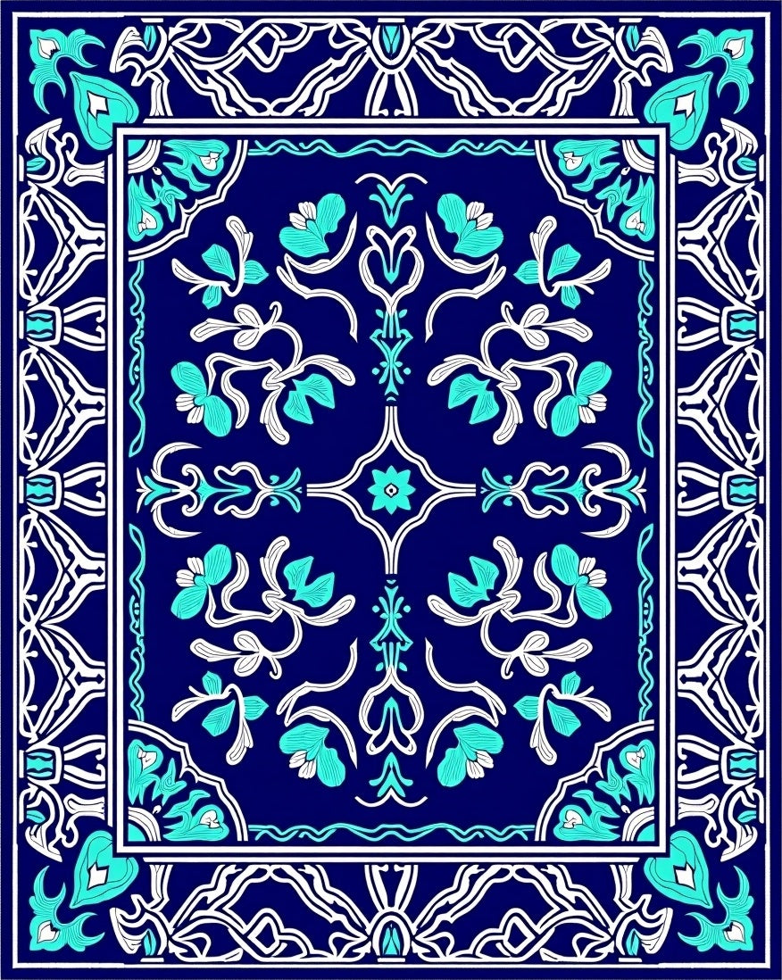 Intricate Blue Floral Scroll Border Rug