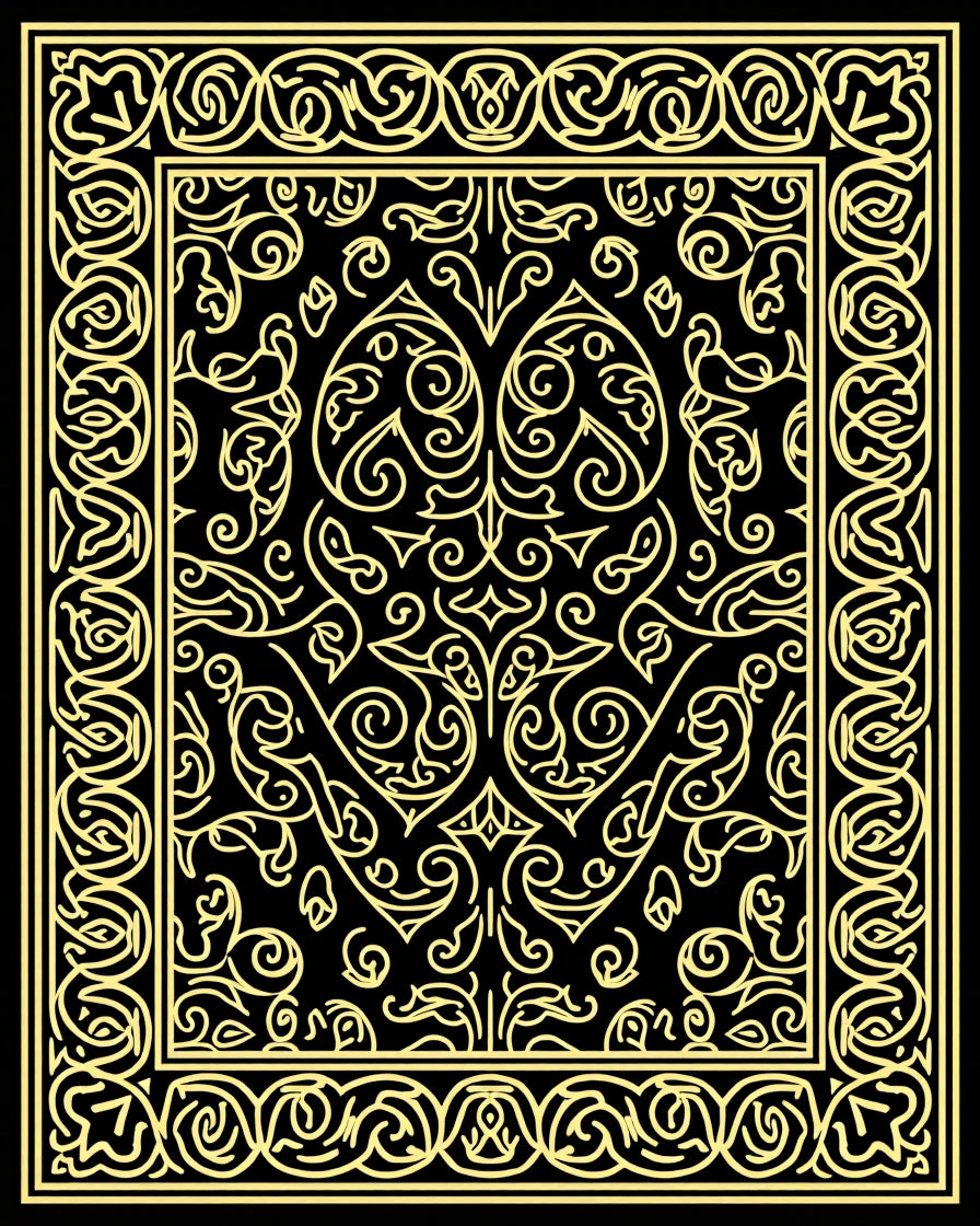 Ornate Scrollwork Yellow and Black Rug