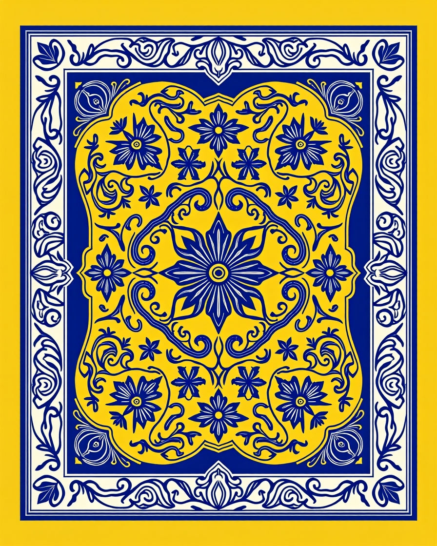 Royal Blue Yellow Floral Medallion Rug