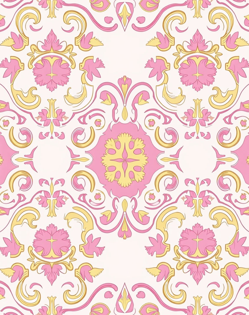 Pink and Gold Floral Damask Pattern Rug