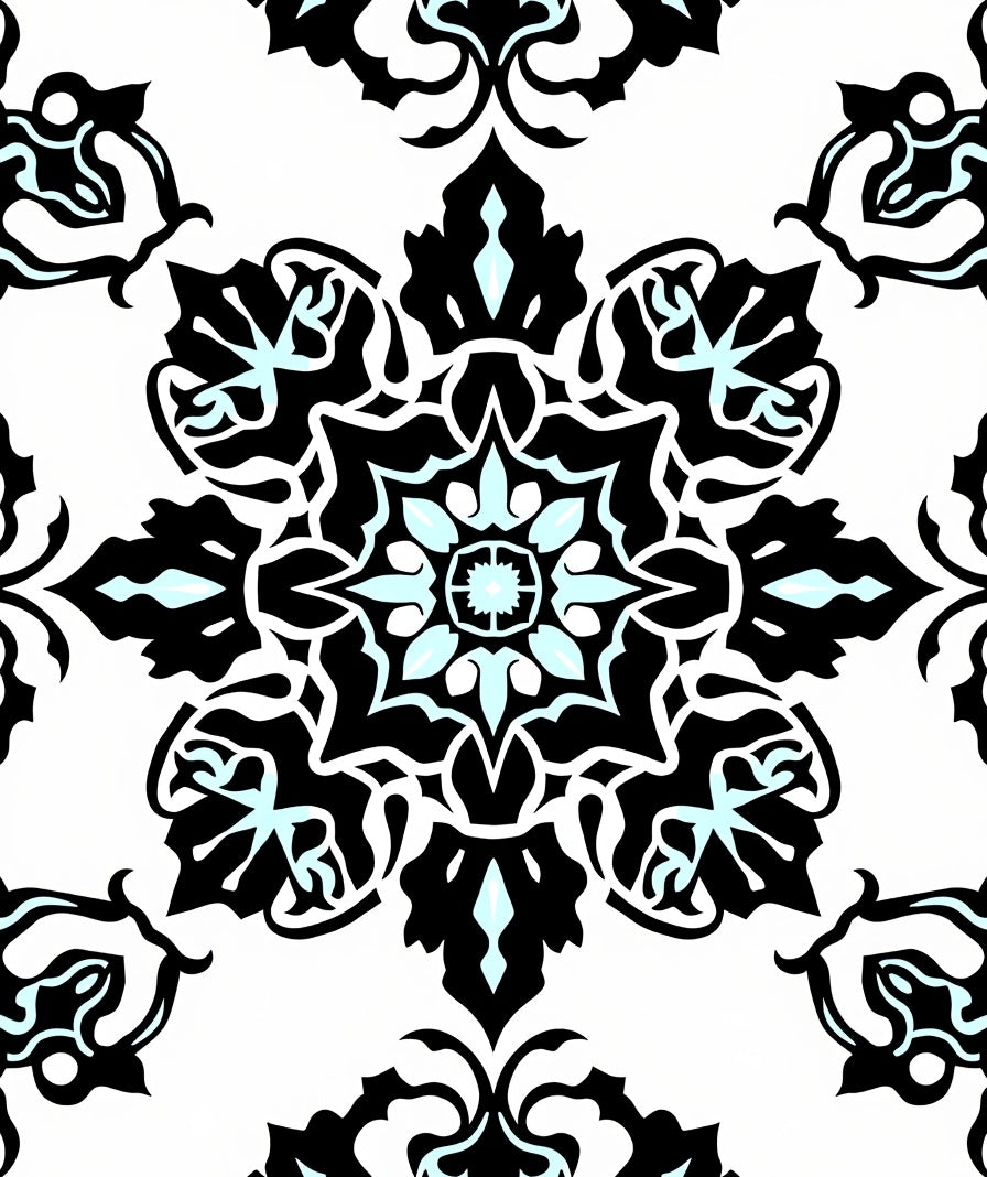 Bold Black Aqua Floral Mandala Pattern Rug