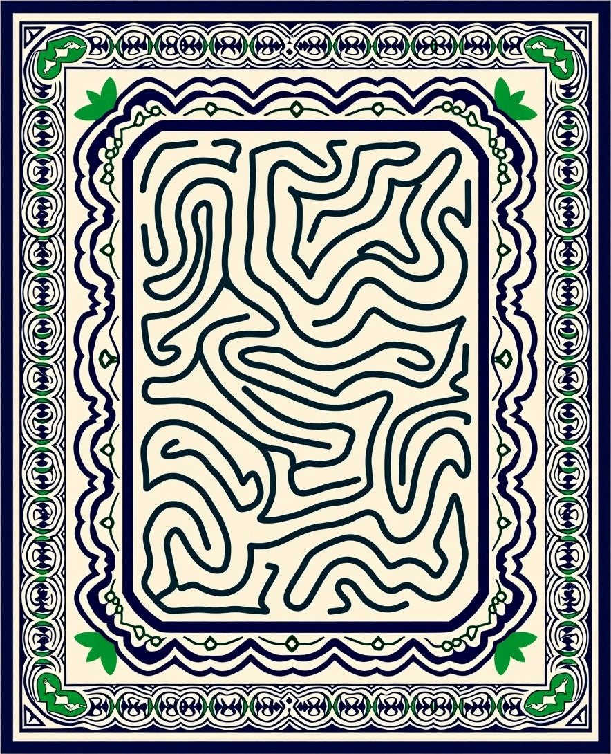 Maze Patterned Deep Blue Green Rug