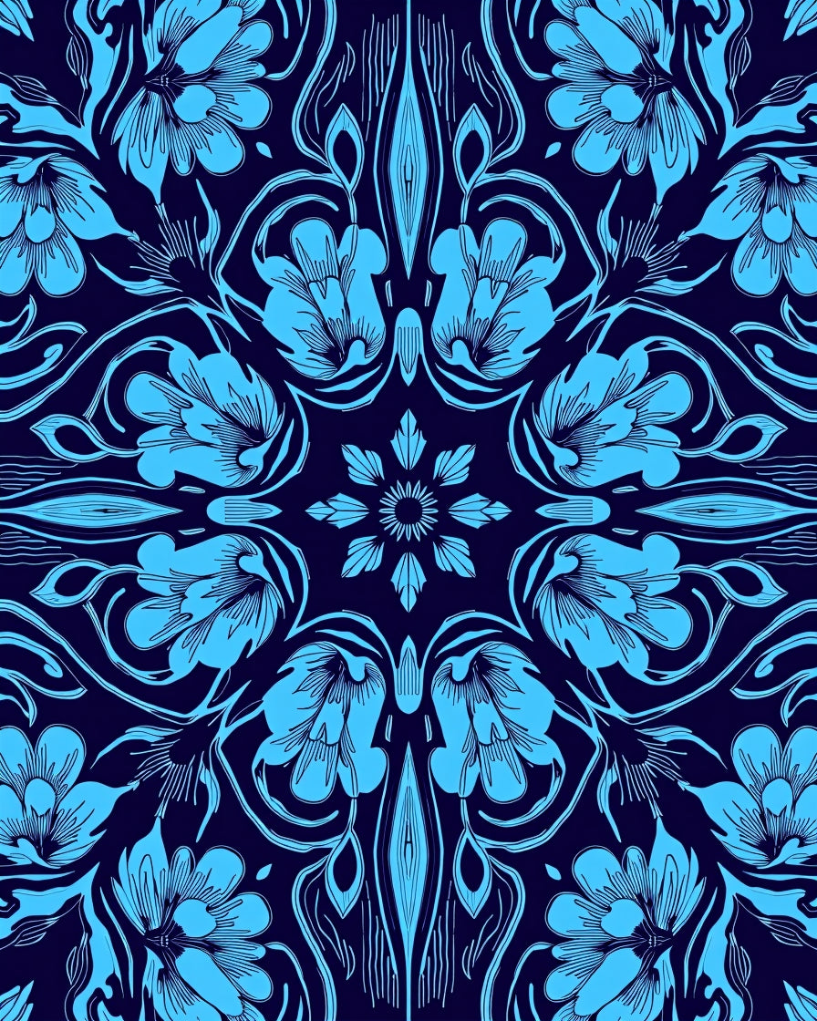 Symmetrical Sky Blue Floral Art Nouveau Pattern Rug