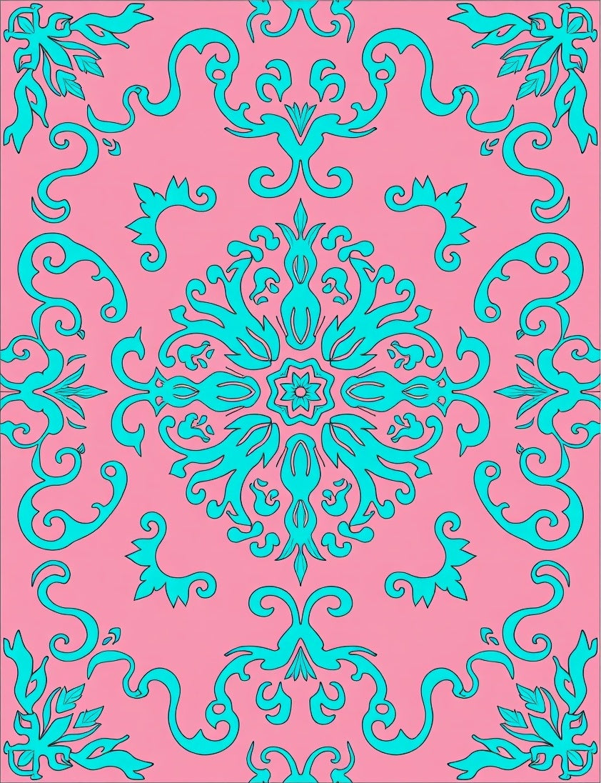 Pink Turquoise Floral Flourish Design Rug