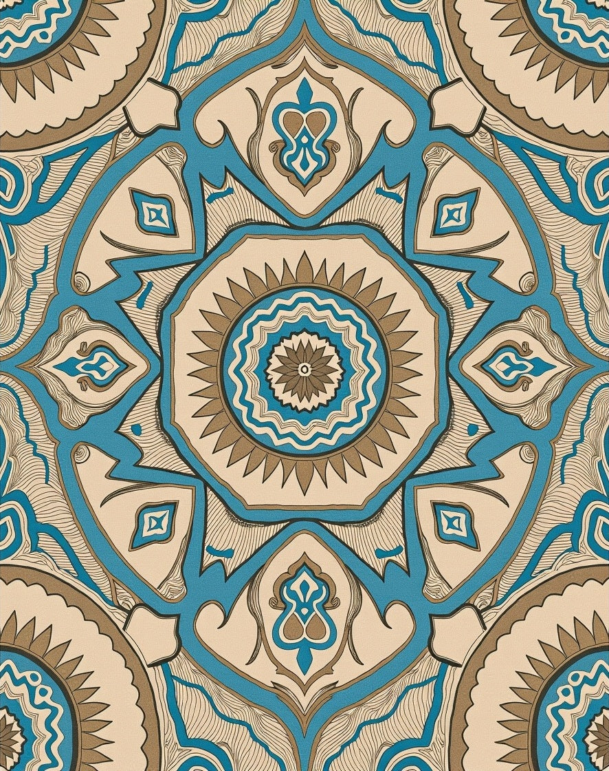 Intricate Medallion Teal Brown Pattern Rug