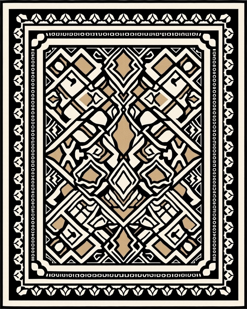 Intricate Black Cream Golden Geometric Design Rug