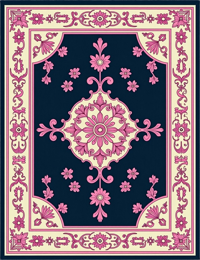 Classic Floral Medallion Pink Blue Rug
