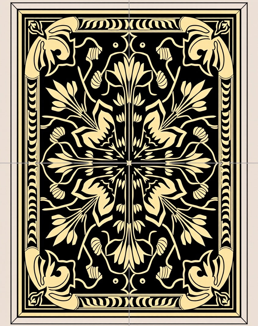 Art Nouveau Floral Black Gold Pattern Rug