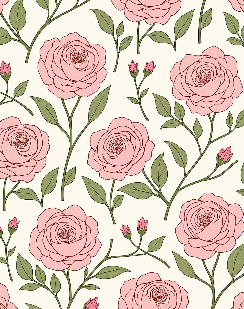 Pink Rose Vine Botanical Pattern Rug