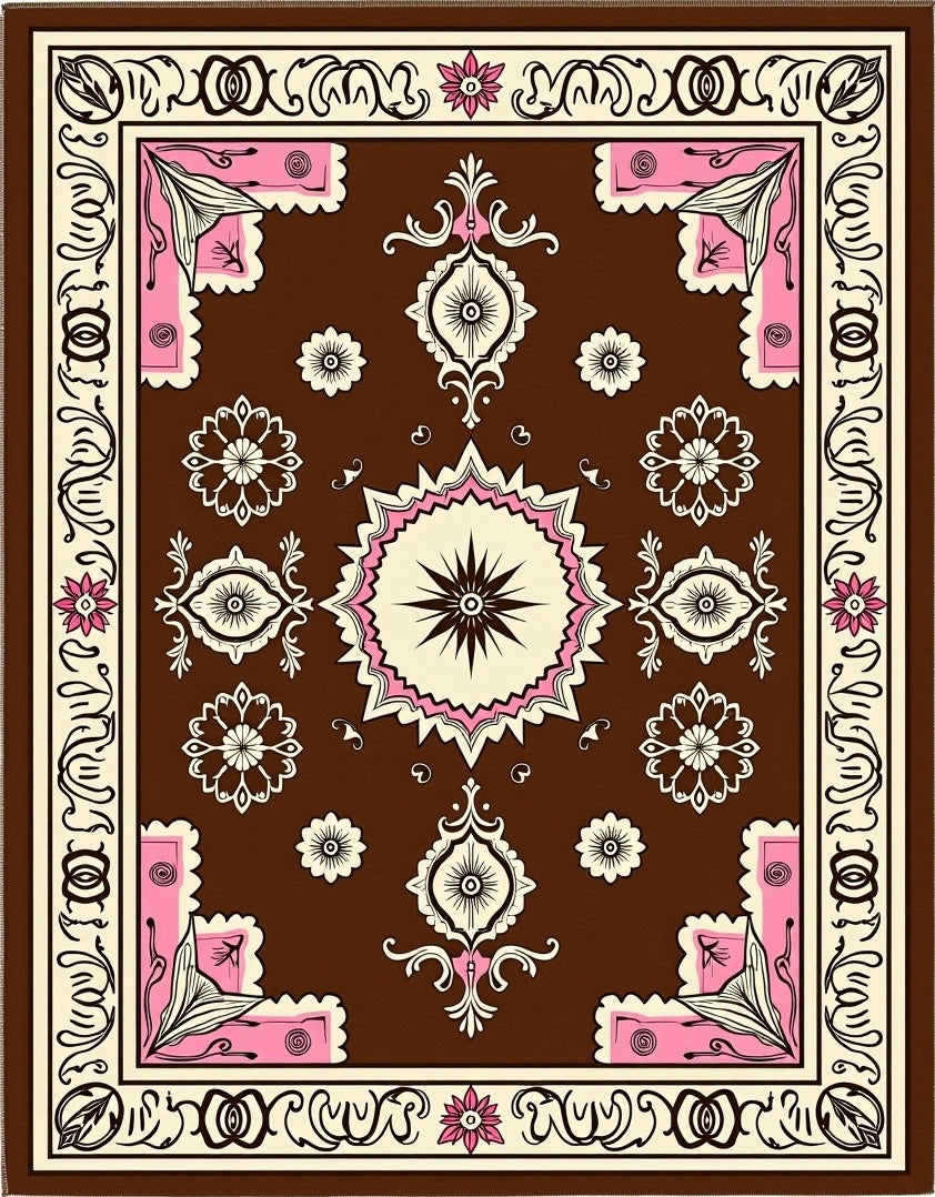 Bold Floral Medallion Brown Pink Rug