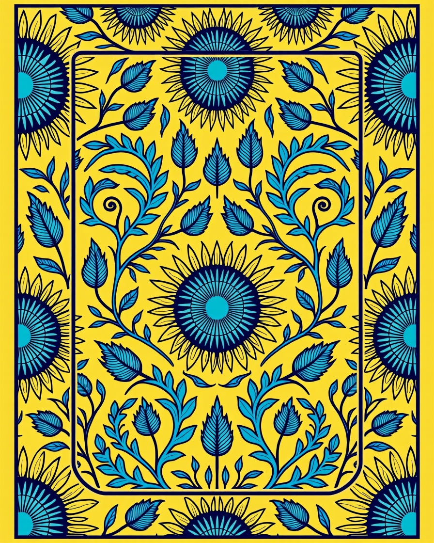 Yellow Blue Floral Sunburst Rug