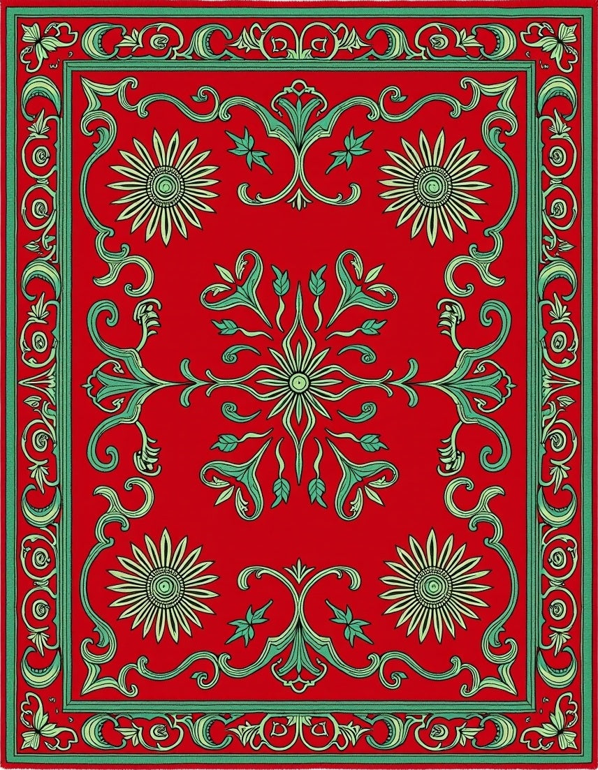 Ornate Red Floral Vine Pattern Rug
