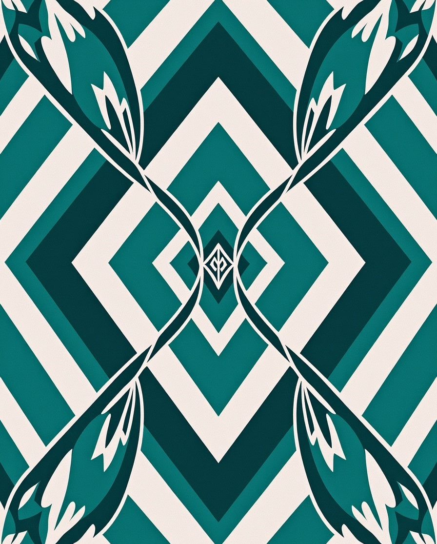 Teal Geometric Floral Diamond Pattern Rug